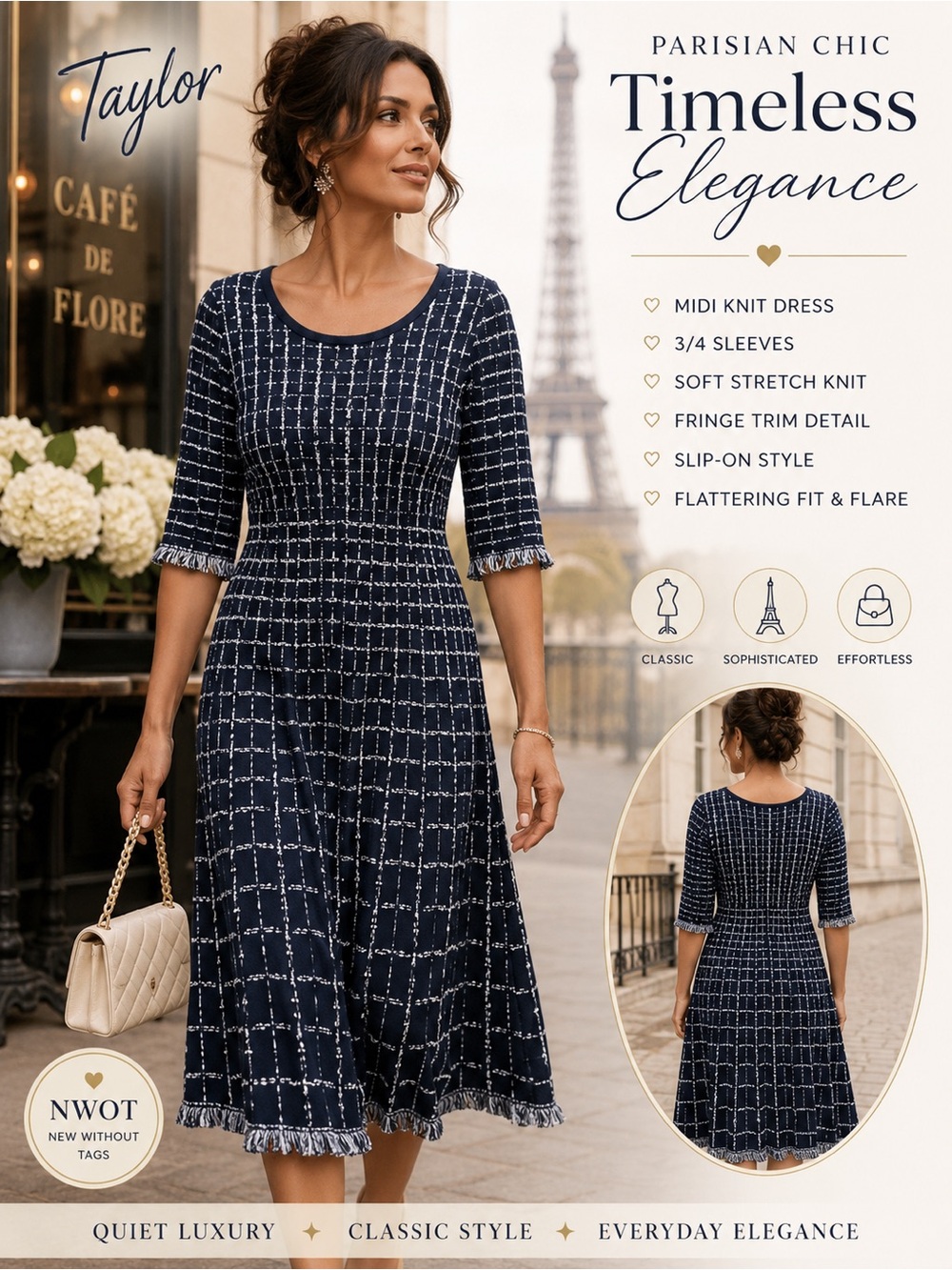 Taylor Black Windowpane Knit Dress Quiet Luxury Parisian Chic Fit & Flare Fringe